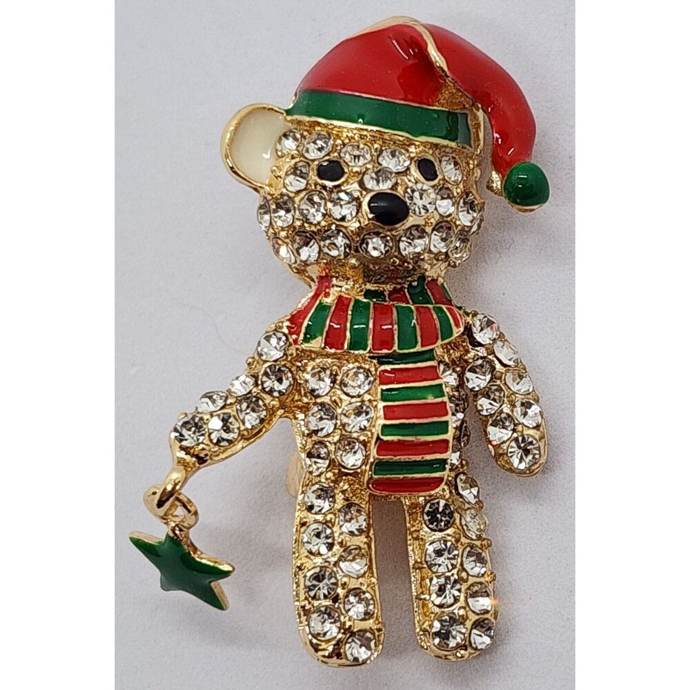 Christmas Teddy Bear Brooch Enamel Cap & Scarf Rhinestone Body Smaller Size